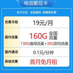 CHINA TELECOM 中国电信 繁花卡19元160G全国流量不限速（2年内19）