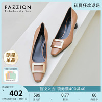 PAZZION 粗跟职业经典方扣羊皮高跟鞋方头中跟浅口真皮法式单鞋女