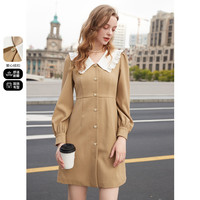 木耳边撞色连衣裙A字裙灯笼袖优雅 S 白咖啡