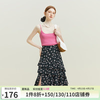 范思蓝恩23FS11328不规则荷叶碎花半身裙中长款a字印花下开叉裙子 黑底粉花 M