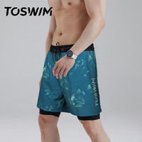 TOSWIM泳裤男专业新款时尚运动双层健身游泳裤五分及膝休闲沙滩裤