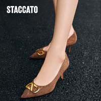 STACCATO 思加图 浅秋季新款尖头浅口单鞋细高跟鞋编织布女鞋ED323CQ2