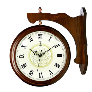POLARIS 北极星 挂钟 客厅创意双面石英钟表复古时钟欧式实木卧室挂表14英寸 1607