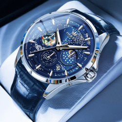 olevs 欧利时 手表男满天星石英表皮带月相星空表防水夜光盘计时日历