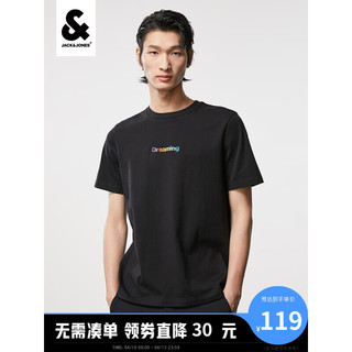 杰克琼斯 杰克·琼斯（JACK&JONES）夏季男士舒适潮流字母印花常规纯棉短袖T恤上衣男士223101068 E40黑色