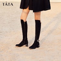 TATA 他她 黑色高跟过膝长靴女秋冬加绒2022新款高筒长筒靴6HD04DC2