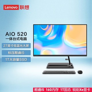 Lenovo 联想 AIO 520  一体机 微边框 27英寸：酷睿i5  16G 1T固态硬盘黑色 （无线键鼠）