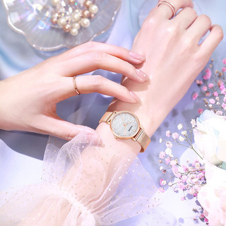 雷诺（RARONE） 手表时尚石英女士手表防水满天星手表玫瑰金编织带 闪闪流光白