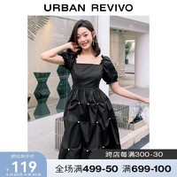 URBAN REVIVO URHOT新款女装设计感方领钉珠中长款连衣裙WG19R7ES2002 正黑