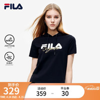 FILA 斐乐 官方女士短袖T恤2022年夏季针织连帽休闲运动女装上衣 正黑色-BK 165/84A/M
