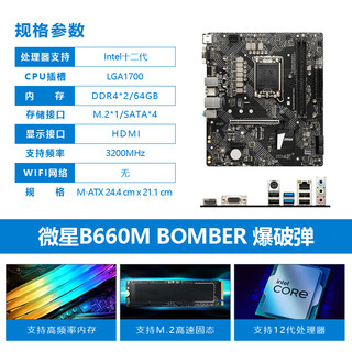 英特尔（Intel）12代i5 12490F 12600KF搭B660/Z690主板CPU套装 微星B660M BOMBER DDR4 爆破弹 i5 12400F 中文盒装
