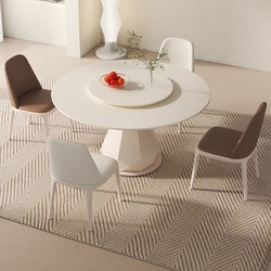 折叠岩板圆桌现代简约北欧侘寂奶油风家用小户型轻奢圆形转盘餐桌