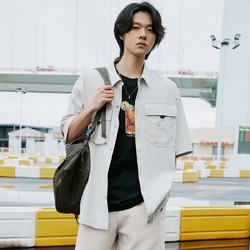 JACK&JONES 杰克琼斯 春夏季男士宽松时尚翻领舒适休闲刺绣日系短袖衬衫男装