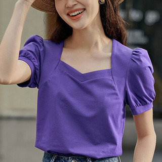 INMAN 茵曼 女士方领短袖T恤 18225212 绛紫色 XL