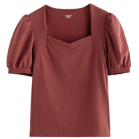 INMAN 茵曼 女士方领短袖T恤 18225212 复古红 XL