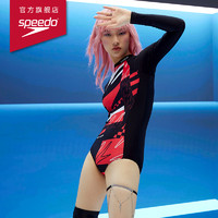 SPEEDO 速比涛 焦点系列全包长袖小高领红黑印花连体泳衣2023新品