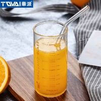 TQVAI 华派 高硼硅玻璃杯带吸管300ml牛奶杯耐热刻度喝水杯酸奶早餐茶杯T135