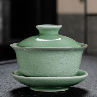 SHEFFIELD 钢盾 单个三才盖碗茶杯特大号陶瓷泡茶碗白瓷功夫茶具德化青花瓷带盖 哥窑盖碗-豆绿色