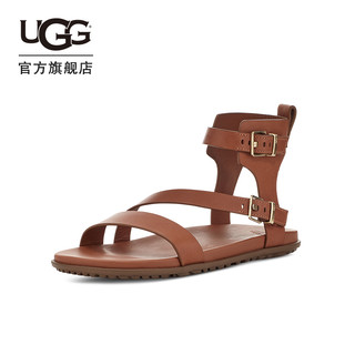 UGG2022夏季女士舒适时尚纯色平底可调式脚踝束带凉鞋 1125018 TLTH | 皮革棕色 36