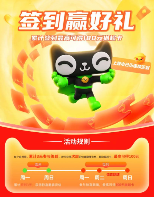天猫超市 签到赢好礼 累计签到最高可得100元猫超卡