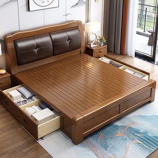 一米色彩 实木床 现代中式实木床1.8米双人床气压高箱抽屉床储物大床婚床卧室软靠1.5m单人床经济型皮床