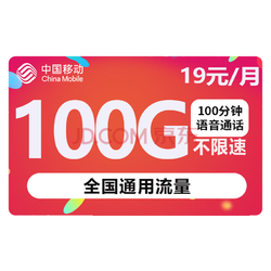 China Mobile 中国移动 瑞兔卡 19元月租（100GB通用流量+100分钟通话）