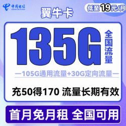 CHINA TELECOM 中国电信 长期翼牛卡 19元月租（135G全国流量）长期套餐+送30话费