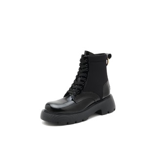 思加图冬季新款休闲马丁靴系带侧拉链厚底靴女皮靴 36 黑色（单里）