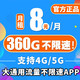 中国移动 低至9元选号选归属地流量卡纯上网5g手机卡纯流量电话卡不限速低月租三网通 超值星神卡丨8元享360G流量+首月免费+纯流量