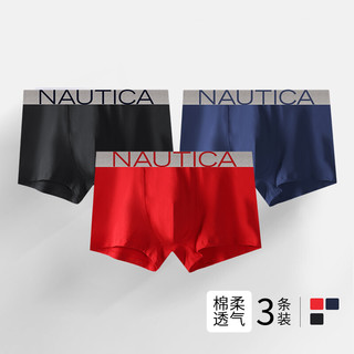 NAUTICA UNDERWEAR 内裤男 四角短裤舒宽松棉质吸湿透气纯色平角裤3条装NTNS120122 黑色+深海蓝+红色 L