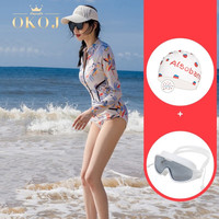 OKOJ 品牌连体长袖泳衣女保守游泳衣新款泡温泉显瘦冲浪游泳馆保守泳装 白色+大框泳镜+泳帽 L