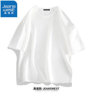 JEANSWEST 真维斯 重磅纯棉短袖T恤男女夏季情侣220克重复古港风半袖t恤学生上衣 白色 S(体重90斤-100斤左右)