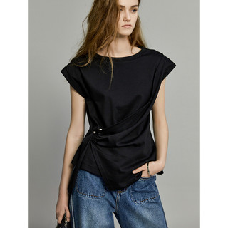 2023夏新款时尚休闲风法式设计感纯棉圆领T恤女 L 黑色