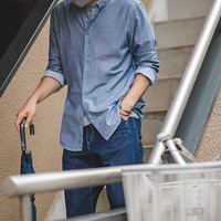 马登 工装 复古磨毛牛津纺衬衫休闲打底内穿搭长袖衬衣男夏纯棉打底衫 浅蓝色 S