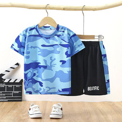多眯童话（duomitonghua）新款夏季儿童套装速干衣运动服男迷彩T恤两件套 2204套装蓝科技 100cm