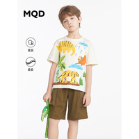 MQD童装男童圆领印花图案套装23夏新款短袖彩绘T恤肌理感短裤组合 米白 150