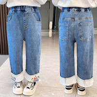 童臻爱童装女童春秋款牛仔裤2023新款韩版时尚儿童宝宝春装洋气休闲长裤 脚口小熊 140(适合身高130-140cm)