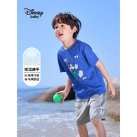Disney 迪士尼 童装男童女童速干中裤短袖t恤套装儿童两件套2023夏季新款运动服 宝蓝速干