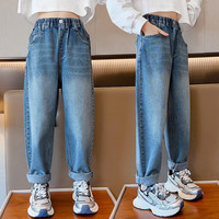 AN女童牛仔裤春秋2023款洋气长裤女大童休闲时髦老爹裤韩版儿童裤子 蓝色 160码(建议身高155cm左右)