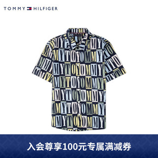 TOMMY HILFIGER23新款春夏童装男时尚字母满印透气短袖休闲衬衫KB0KB08229 藏青色字母印花DW5 12/150cm