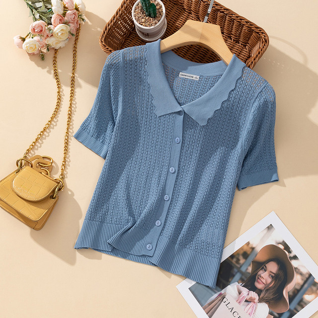 CACHE CACHE 波浪边Polo领纯色简约短袖开衫女夏