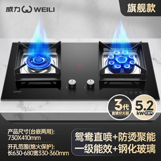 威力（WEILI）5.2kW九腔猛火灶煤气灶双灶嵌入式家用天然气灶燃气灶液化气灶具 5.2鸳鸯铜盖防烫-钢玻璃 液化气