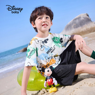 迪士尼（Disney）童装儿童男童短袖套装满印圆领T恤中裤两件套23夏DB321UE03彩130