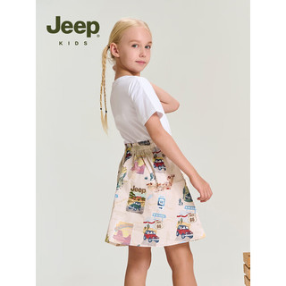 Jeep吉普童装女童拼接印花连衣裙2023夏季新款短袖可爱儿童公主裙子 浅卡其 140cm