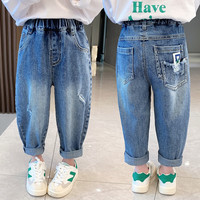 童臻爱童装女童春秋款牛仔裤2023新款韩版时尚儿童宝宝春装洋气休闲长裤 口袋小熊 120(适合身高110-120cm)