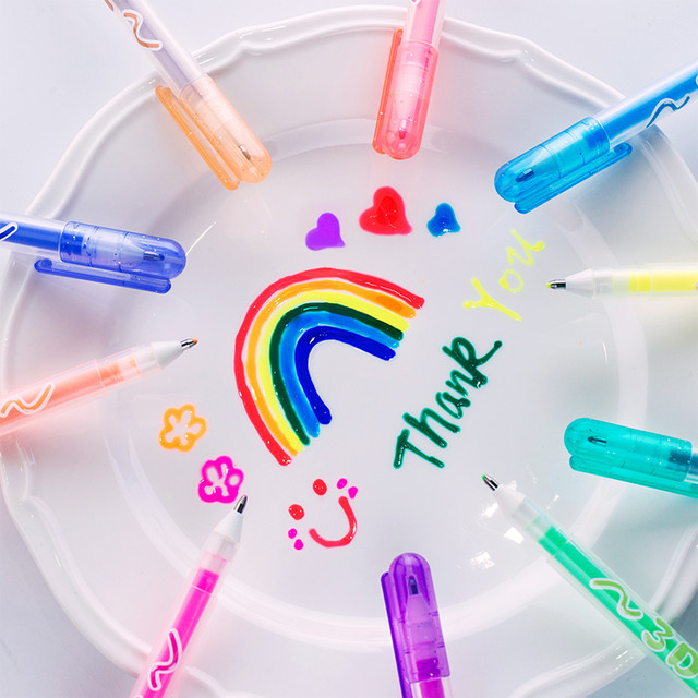 inmorning 一木林 3D立体果冻笔荧光标记笔变色闪光咕卡手帐学生专用彩色银光记号手账花型手抄报曲线双线轮廓笔不透色啫喱女生