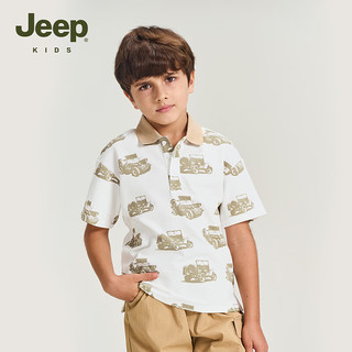 Jeep童装男童短袖t恤2023夏季新款儿童polo衫休闲满印中大童宽松上衣 米白 120cm