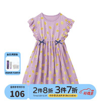 千趣会日本童装女童连衣裙夏清新印花荷叶边装饰棉质连衣裙儿童裙子 紫罗兰色(柠檬） 140cm