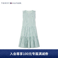 TOMMY HILFIGER23新款春夏童装女纯棉条纹小绣标荷叶边无袖连衣裙07299 绿白条纹0CE 8/130cm