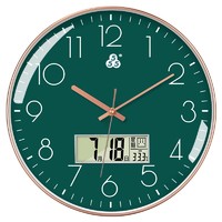 三五 牌 挂钟客厅万年历钟表创意双日历温度时钟简约石英钟薄边挂表 52610镀金绿色（26cm）